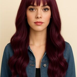 Elegant Burgundy Wine Wig with Bangs